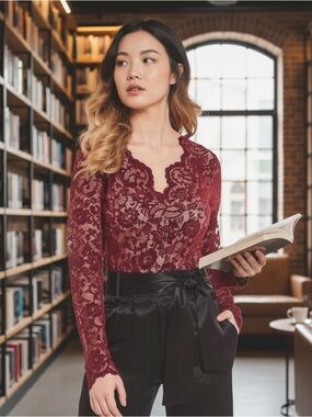 GIANNI BINI Velvet Lace V-Neck Bodysuit in Burgundy!